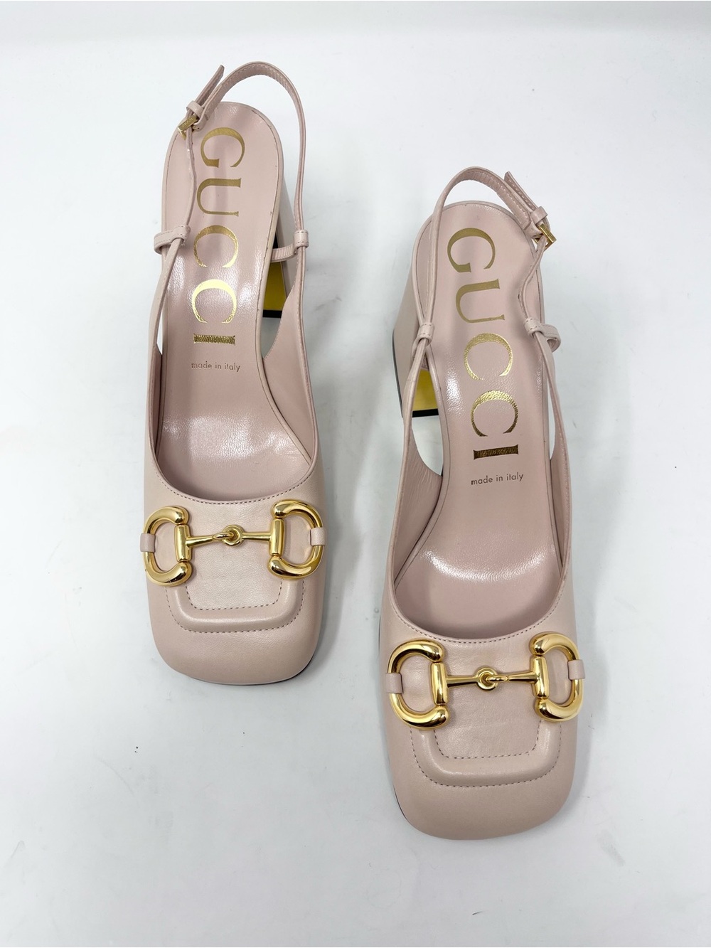 NEW Gucci Baby Horsebit Leather Slingback Pump Square Toe size 39 EU Blush Nude